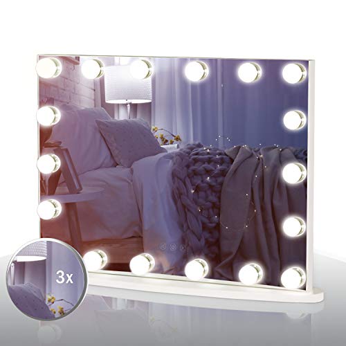 LUXFURNI Vantity Tabletop Makeup Hollywood Mirror Dimmable Light Touch Control 18 Cold/Warm LED Lights, Detachable 3X Magnification Mirror