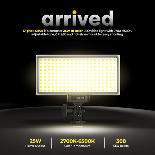 Image of Digitek (LED-D308) 25W Bi-Color LED Video Light with Hot Shoe Mount, 2700K-6500K Adjustable Color Temperature, 308 LEDs, 2860LM Brightness, For YouTube, Photography, Video Shoot (Battery Not Included)
