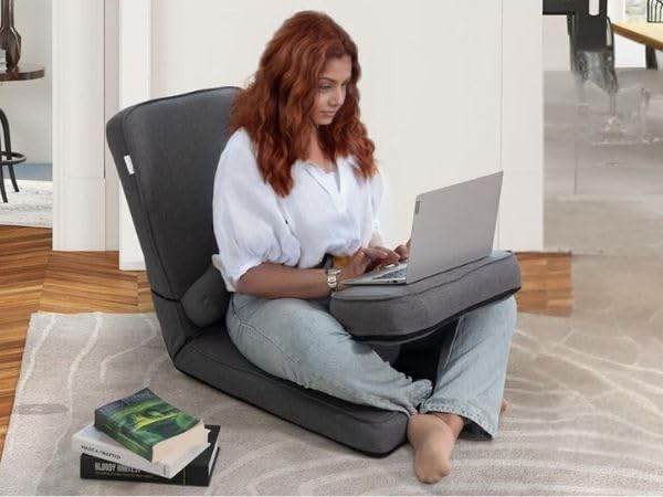 Image of Kawachi Multipurpose Recliner Laptop Table with Foldable Portable Floor Chair - Adjustable Cushion Seat with Ergonomic Backrest for Work, Gaming, Relaxation, Reading, and Home Office Use - Grey