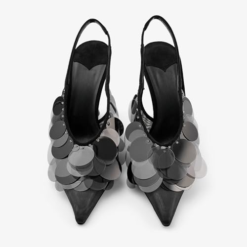 Goolita Women's Slingback Stiletto High Heels Closed Pointed Toe with Sequin Embellished Mesh Pumps Slip On Party Evening Pumps Shoes3