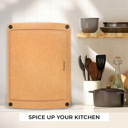 Image of Freshware Wood Cutting Board for Kitchen, Juice Groove, Non-Slip Silicone Feet, Dishwasher Safe, 2X Large, 20 inch x 14 inch, Natural