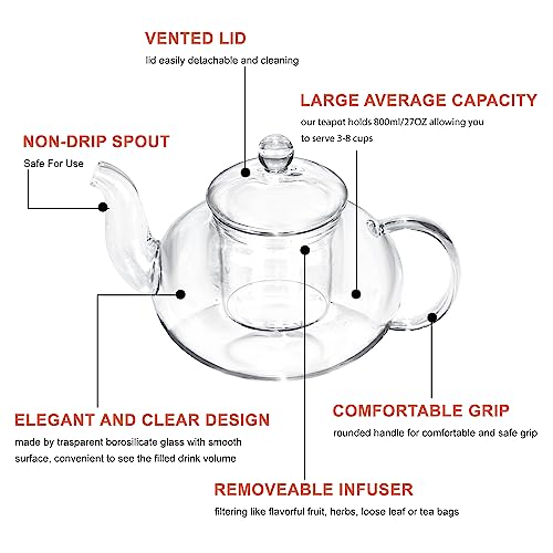 Glass Teapot Set, 27Oz/800Ml Stovetop Safe Glass Tea Kettle With 6 Small Double Wall Tea Cups & Loose Tea Infuser & Tea Warmer, Microwave & Dishwasher Safe Tea Maker, Blooming Tea Gift Set For Women #TOP2