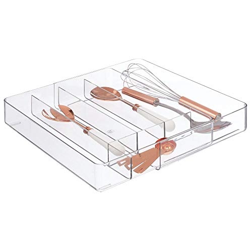mDesign Adjustable Expandable Plastic Kitchen Cabinet Drawer Storage Organizer Tray - for Storing Organizing Cutlery Spoons Cooking Utensils Gadgets - Clear