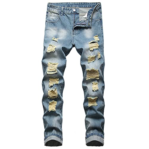 MXCVYCC Men's Ripped Jeans Distressed Slim Fit Jeans Straight Leg Blue Jeans Designer Fashion Pants(36, Light Blue-Ripped Jeans)