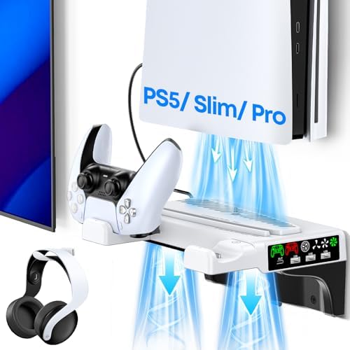 PS5/Slim/Pro Wall Mount Kit with Cooling Fan & Charging Station, PS5 Shelf Floating Mount for All PlayStation 5/Slim/Pro Disc & Digital Console, PS 5 Wall Bracket Behind TV, PS Five Pro Accessories