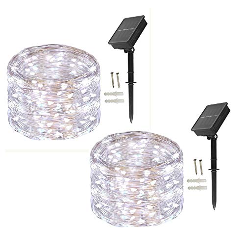 BXROIU Guirlande Lumineuse Solaire,[Lot de 2] 10 Mètres 100LEDs Guirlande Solaire Exterieure Étanche 8 Modes pour Mariages, Fêtes et Noël, Jardin, Terrasse, Cour Décoration (blanc froid) Cover