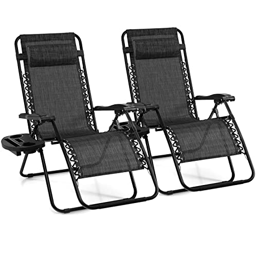 Image of Giantex 2 PCS Zero Gravity Chair, Outdoor Chaise Lounge with Cup Holder, Patio Folding Chairs Recliner for Yard Pool Lawn Balcony, Gray