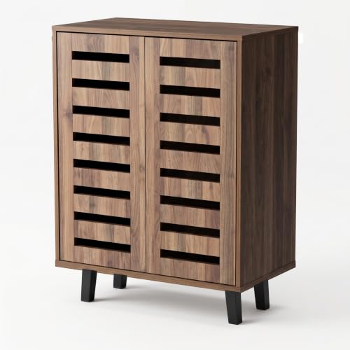Image of Metro 2 Door Engineered Wood Shoe Cabinet | Wooden Shoe Rack with Spacious Shelves | Modern Shoe Storage Organizer for Entryway, Hallway & Living Room | Walnut Finish