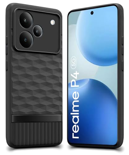 Image of WOW IMAGINE Back Cover for Realme P4 5G with Hexa Cube Design | Ultra Slim Soft Rubberised Case | Inner Velvet Fabric | Matte Silicone Flexible Mobile Case | Camera Protection - Black