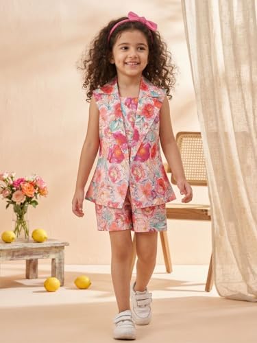 Image of AJ DEZINES Kids Clothing Floral Printed Pure Cotton Top Shorts With Jacket Cord Set for Girls
