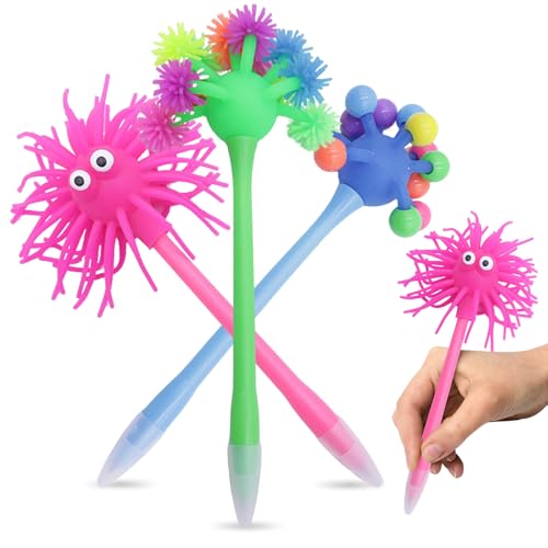 3 Novelty Ballpoint Pens, funny cool fluffy fidget pens,Kids Party Bag Filler ,Ballpoint Pen With Black Ink | Functional and Fun For Kids and Grown-Ups | School Class Gifts (Monster fur ball)