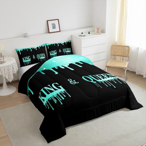 Image of Feelyou Couple Glitter Green King Queen Comforter Set Twin Size, Mr Mrs Comforter for Man Woman Valentine Day Bedding Set Anniversary Duvet Set Microfiber Bed Set
