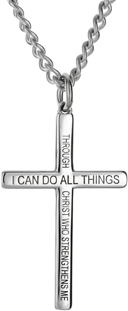 Shields of Strength Philippians 4:13 Cross Necklace for Men Stainless Steel or Gold Plated Christian Jewelry – Engraved “I Can Do All Things Through Christ” – Inspirational Faith Gift