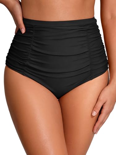 PONCEAU Bikinihose Damen High Waist - Bauchweg Badehose mit Rüschen Klassische Bikini Hose Figurformender Bikini Slip Unterteil für Badeurlaub & Aquafitness