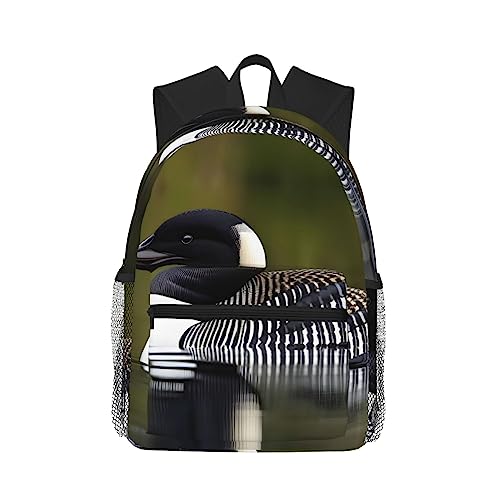 Sac à dos oiseau Loon Nature noir imprimé unique avec grand compartiment ordinateur portable