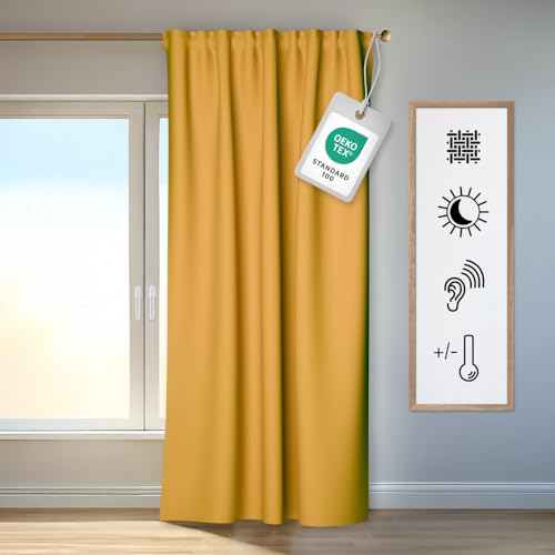 Homing Vorhang Kim Safran | Verdunkelungsvorhang inkl. Multifunktionsband | Thermovorhang Hitzeschutz | Akustikvorhang Schalldämmung | Vorhang Blickdicht | Blackout Curtain | 140x245 cm | 1 STK.