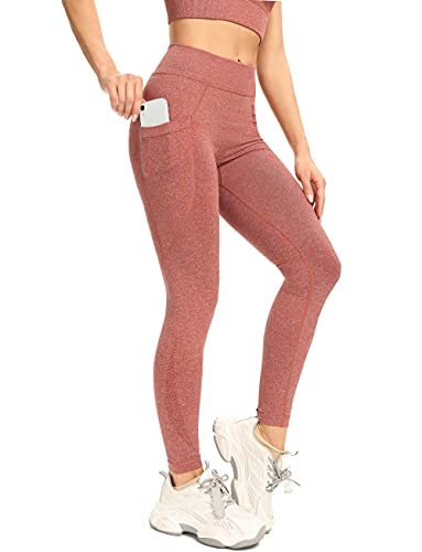 LOFHAS Leggings d'entraînement pour femme - Sans coutures - Taille haute - Avec poches - Pour soulever les fessiers - Contrôle du ventre - Rose - Large Cover