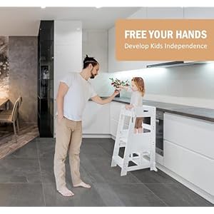 Toetol bamboo toddler step stool white kitchen counter learning helper standing tower ktchen stool for toddler 3 height adjustable with chalkboard message boards small step stool non slip mat  urban country home decor