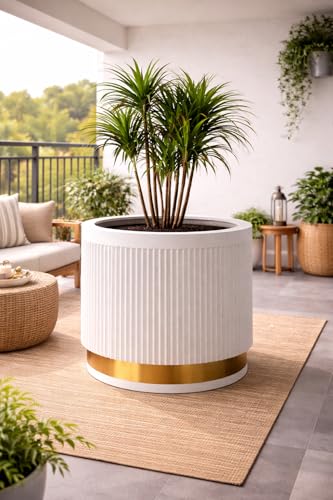 Image of Niyara FRP Planter Pot | Ribbed Round Fiber Reinforced Plastic Flower Pot for Indoor & Outdoor Plants | Lightweight Heavy Duty Decorative Garden & Balcony Pot (White Speckled Finish)