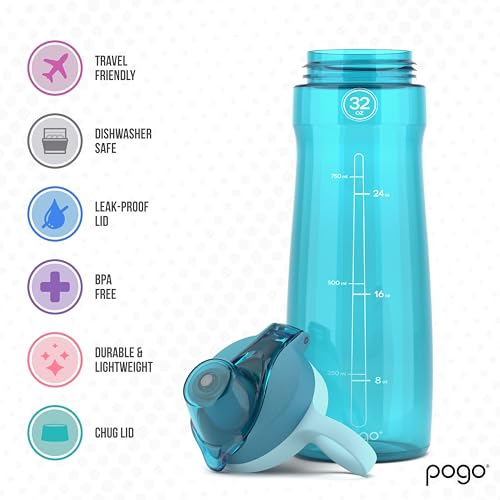 Image of Pogo BPA-Free Plastic Water Bottle with Chug Lid, Blue Atoll, 32 oz.