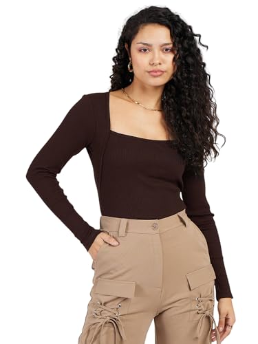 Image of SASSAFRAS Women's Slim Fit Full Sleeves Rib Square Neck Ribbed Basics - Casual Ribbed T-Shirt Tops