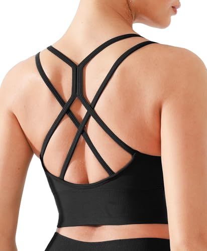 BRXL Strappy Ruched Sports Bra for Women Breathable Seamless Criss Cross Back Light Support Unpadded Bras Exercise Yoga