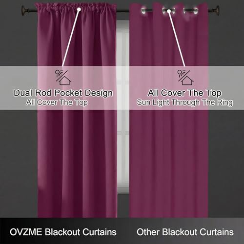 Image of Hot Pink Blackout Curtains for Bedroom 72 Inch Length 2 Panels Set, Thermal Insulated Curtains for Living Room Nursery, Energy Saving Window Drapes for Patio French Door Front Door, 2x40Wx72L