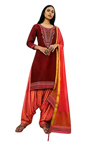 Womens Cotton Embroidered Salwar Kameez with Brocade Silk Patiala Salwar (Size-34/ Maroon)