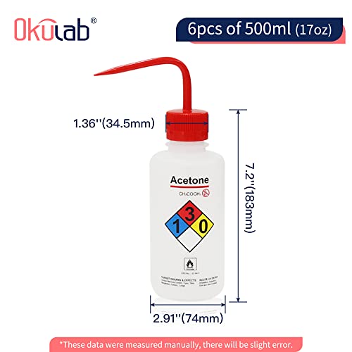 Okulab 6Pcs Of Acetone Wash Bottles, Vol.500Ml (17Oz), Narrow Mouth, Self-Venting Safety Squirt Bottle, Ldpe Material, Wba500A6 #TOP2