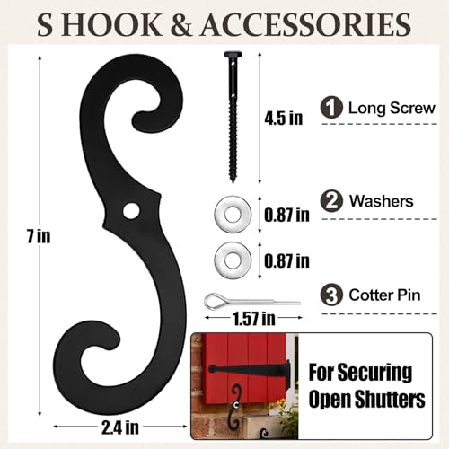 Image of 4 Pack (2 Pair) Steel Blind Shutter Hinges Set 11.75 inch Black Wrought Iron Shutter Offset Pintle Strap Hinge with 2 S-Hooks, Heavy-Duty Rust-Resistant Hardware Kit