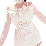 Y2K Cutecore Kawaii Teen Shirt Women Off Shoulder Sweet Oversize Japan Cartoon Print Cute Tshirt Top Clothes (Large,Pink)