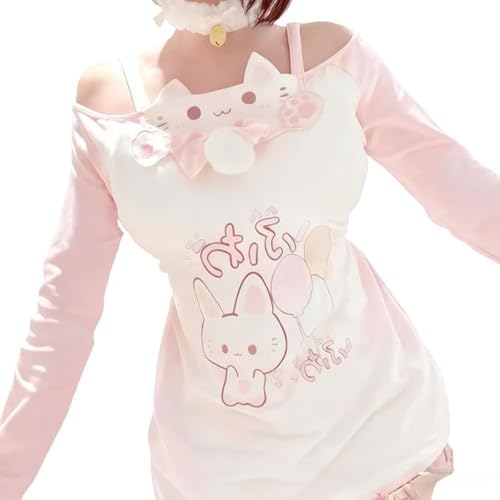 Y2K Cutecore Kawaii Teen Shirt Women Off Shoulder Sweet Oversize Japan Cartoon Print Cute Tshirt Top Clothes (Large,Pink)