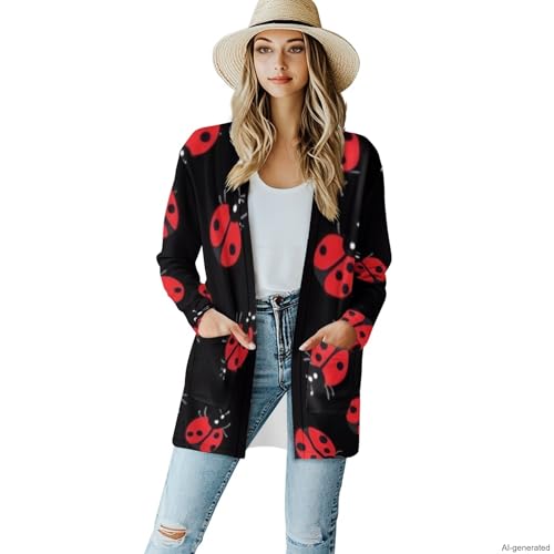 Image of Forchrinse Red Ladybug Cardigan for Women Causal Long Sleeve Open Front Cardigans Sweater Fashion 2024 Fall Coat with Pockets