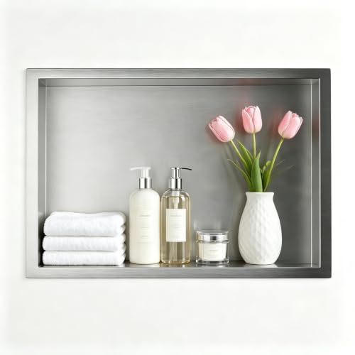 Bernkot Nicho de Pared para Ducha de Acero Inoxidable, Nicho de Ducha de 45 x 30 x 10 cm, Nicho de Pared para Baño, Nicho de Ducha, Estantería de Baño Empotrable, Cepillo, Plata