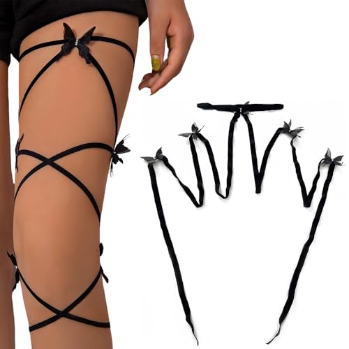 Damen Sexy Elastische Bein Strumpfband Schwarz, Schmetterling Doppel Gürtel Cross Bandage, Rave Outfit Damen Sexy Techno Für Cosplay Party Music Festival Rock Festival
