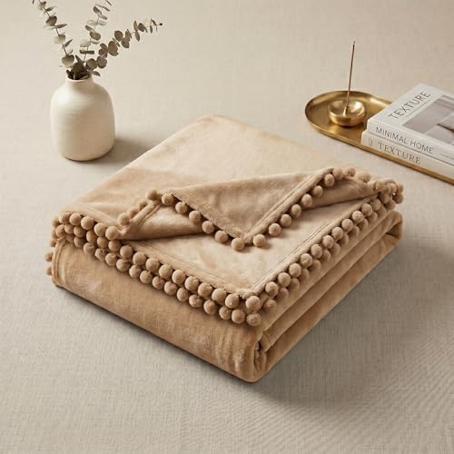 Image of BSB HOME 280 GSM Pom Pom Blanket, Ultra Soft Plush Fleece Throw Blanket with Pom Pom Fringe, Cozy Lightweight Warm Blanket for Sofa, Couch, Bed, Skin Friendly & Easy Care, 45 x 60 Inches - Warm Sand