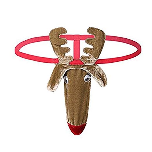 FreeNFond Men’s Christmas Gag Gift Reindeer G-String Mankini Thong Underwear Brown