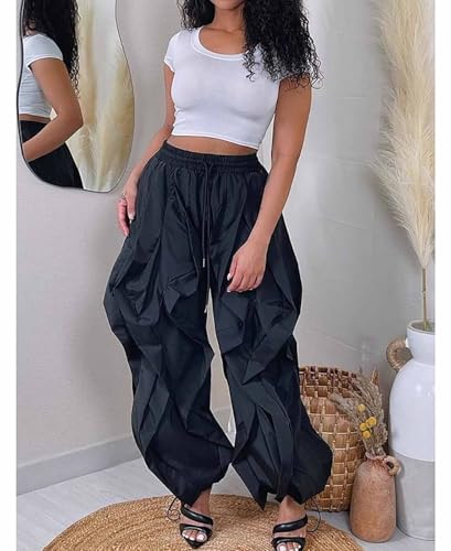 Yuopeid Women's Stretchy High Waist Drawstring Long Pants Solid Color Loose Casual Clubwear Cargo Baggy Trousers2