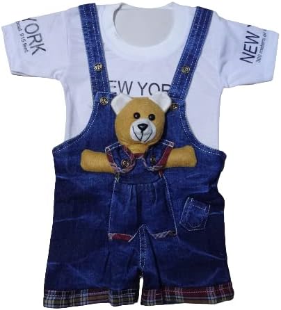 H.K HOLY Unisex Baby Boy's & Baby Girl's Teddy Bear The Denim Dungaree Set with T-Shirt For 0-6 & 6-12 Months Baby || Baby Boy Dresses || Clothes for New Born Baby (9 Months-12 Months, Blue-White)