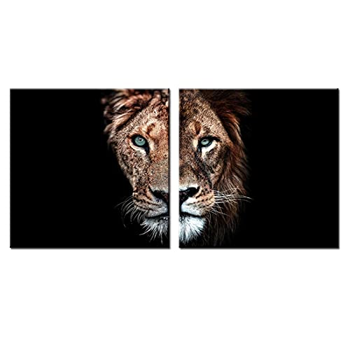 Tableaux de lion sur toile avec cadre : rompez la monotonie de vos murs avec ce diptyque 40x40