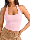 Trendy Queen Halter Tops for Women 2025 Summer Going Out Tops Backless Crop Sleeveless Workout Shirts Cute Y2k Clothes BabyPink S