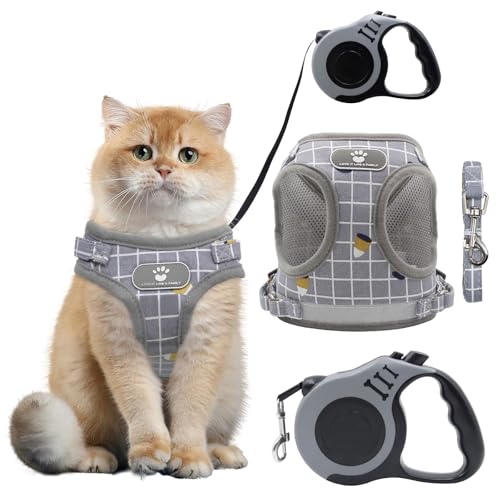 Druuzyl Pettorina Gatto Antifuga con 5m Guinzaglio, Guinzaglio per Gatti Regolabile Pettorina a Gilet Riflettente per Gatti di Piccole Dimensioni Grigio per Gatto e Cani Piccoli (S)