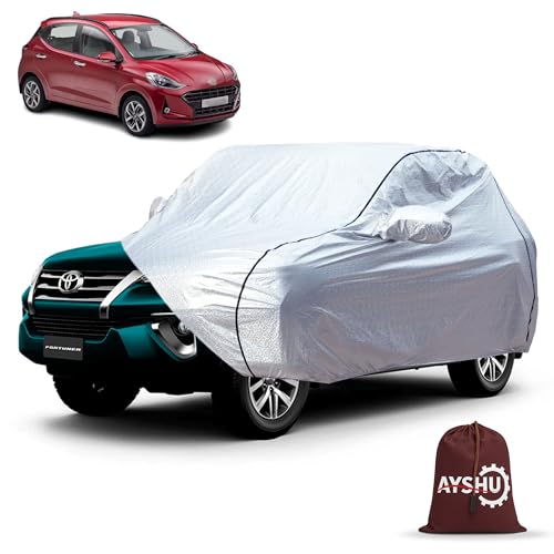 Image of AYSHU Waterproof Car Cover for Hyundai Grand i10 | Mirror & Antenna Pocket | Anti-Scratch Soft Cotton Inner Layer | Triple Stitched | Heat Resistant Metallic Silver | All-Weather Protection