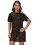 GORGLITTER Mesh Kleid Damen Festival Tshirt Kleid Oversize Kleid Mit Pailletten Kurz Durchsichtiges Kleid Sexy Partykleid Schwarz L