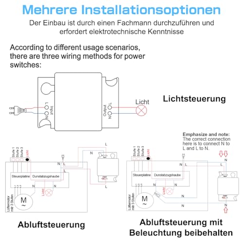 Funk Abluftsteuerung Dunstabzugshaube, ASOFTY Fensterkontaktschalter mit Funk Schalter Relais Modul, Modus und Lichtsensor Einstellbar, Lichtfunktion Beibehalten für Dunstabzugshaube, Lichtsteuerung