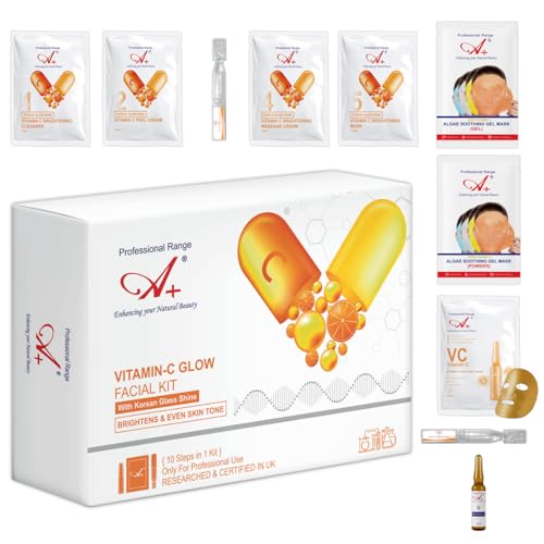 A+ Vitamin C Korean Glass Facial Monodose Kit for Glowing Skin – 10 Steps with Fermented Rice Water, Licorice Root, Martimum Extract – Includes Sheet, Gel, and Clay Mask
