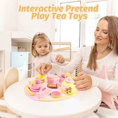 Tea Party Set Wooden Tea Sets for Toddlers 3-5 Play Food Pretend Play Toys Kids Tea Set for Girls 6-8 Birthday Gift Wooden Tea Party Set for Little Girls 3 4 5 6 Years Old Outdoor Tea Time Game — view 5