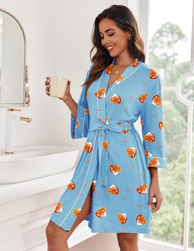 Image of Ekouaer Women Kimono Robes Knee Length Knit Bathrobe Lightweight Soft Sleepwear V-neck Casual Ladies Loungewear
