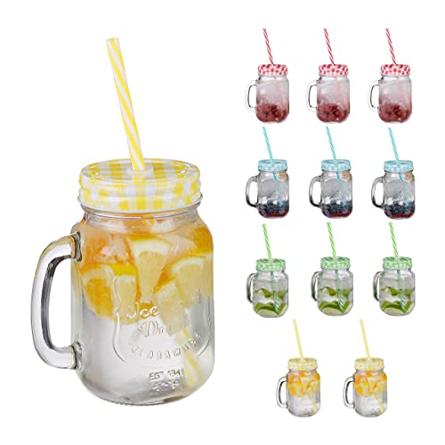 Relaxdays Jarras con Tapa y Pajita, Set de 12 Jarritas Limonada, 500 ml, Vasos Retro Veraniegos con Asa, Multicolor