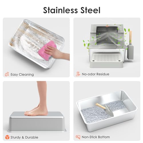 Suitchi Stainless Steel Cat Litter Box,XL Enclosed Cat Litter Box with Poop Scooper/Footboard/Mat (Light Gray) - Thumbnail 2